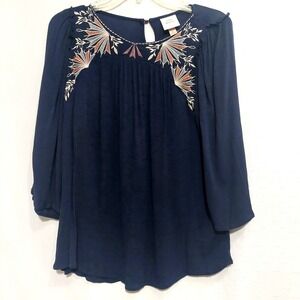 Knox Rose Womens Med Flowy Navy Blouse Embroidery 3/4 Sleeves Keyhole Back